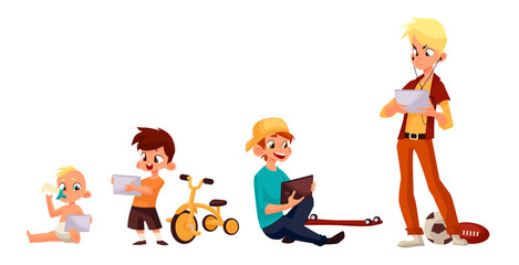 Children boy of different ages played in tablet and did not play in street, vector cartoon concept of todays children, the children sit and chat on the Internet, four boy looking at smartphone