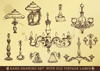 hand drawing set with old vintage lamps