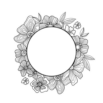 Doodle flowers and leaves hand drawn zentangle style round vector frame. Doodle art black and white decorative border.