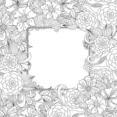 Fototapeta premium Flowers and leaves zentangle style invitation card. Wavy doodle frame design for card. Vector decorative element border. 