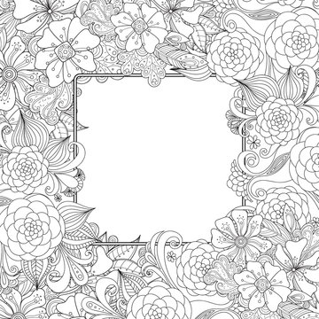 Flowers and leaves zentangle style invitation card. Wavy doodle frame design for card. Vector decorative element border.
