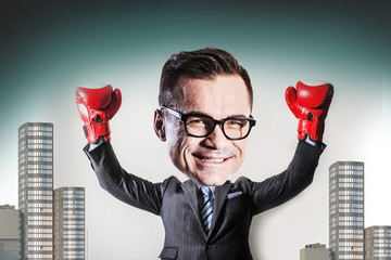 funny businessman with big head happy profitfunny businessman with big head  wearing Boxing gloves...