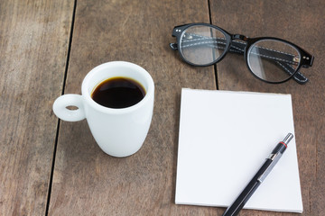 Coffee Break with Notebook and Pen - Productivity and Morning Routine Creative Writing Workspace  Business Planning with Black Coffee on Wooden Desk