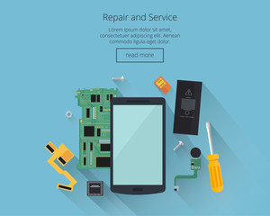 Mobile repair and service concept. Smarthone with tools and spare parts.Top view. Flat design concepts for web banners, web sites, printed materials, infographics. Creative vector illustration