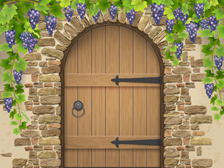 Entrance to the wine cellar decorated with bunches of grapes. Arch of stone wooden door and vine grapes. Vector Illustration about winemaking and viticulture, grape growing.