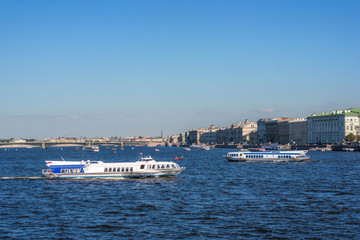 Two meteor speedboats on the Neva river, St. Petersburg, Russia. 