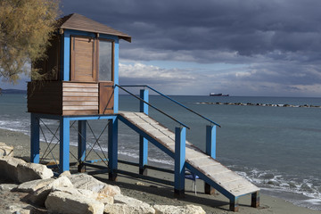 Lifeguard tower on the beach. Limassol's seafront promenade. Cyprus.