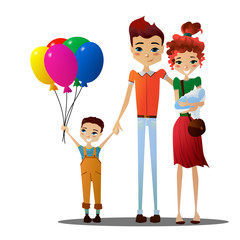 Isolated Colorful Cute Vector Family Vacation Cartoon Illustration with Colorful Family Cartoon Characters Being on Vacation, Mom, Dad, Son and Newborn Baby with Colorful Balloons, Vector Family