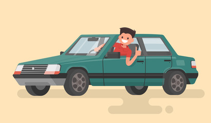 Cheerful driver behind the wheel of a car. Vector illustration
