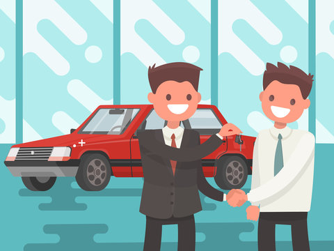 Buying a car. Handing of car keys. Vector illustration