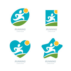 Set of vector human logo, label, icon, design elements. Running man silhouette on spring or summer landscape background. Concept for sports club, fitness, competition, marathon and healthy lifestyle.