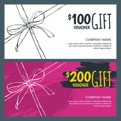 Vector white and pink gift vouchers with bow ribbons and watercolor background. Creative holiday cards or banners. Design concept for gift coupon, invitation, certificate, flyer, ticket.