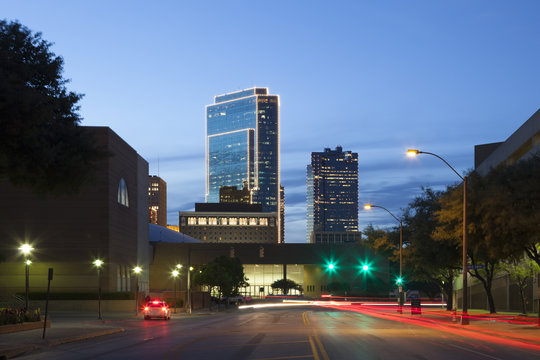 Street In The City Of Fort Worth At Night. Texas, USA