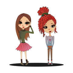 Obraz premium Cute Colorful Vector Fashion Kids Illustration with Cute Fashion Kids Wearing Stylish Clothes, Pretty School Girls for Fashion Magazines, Books Illustration or Web Design, Fashion Vector Teen Kids