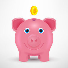 Vector 3d piggy bank. Golden coin. Business vector illustration. Piggy bank isolated with shadow. Vector piggy toy. Smile pig.