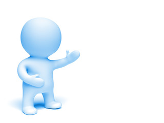 cute 3d character in shades of blue presenting an empty space in a white scene (3D illustration isolated on a white background) 