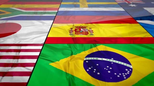 Flags of world united contries in a slideing wall 3d effect. England Russia Italy  Spain  Scotland  Germany US China Sweeden Greece France Brazil Japan Scotland Russia and South Africa