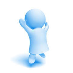 cute little human 3d person in shades of blue wearing a gown jumping enthusiastically in a white scene (3D illustration isolated on a white background)