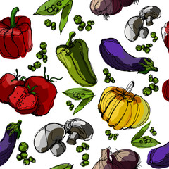 Seamless texture vegetables.Coloured bright background vegetables for cafes and packaging.Drawn in pencil vegetables.Vintage background.Pattern tomatoes, peppers, squash, peas, mushrooms, eggplant