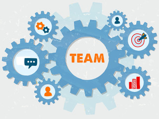team and symbols in grunge flat design gears infographic