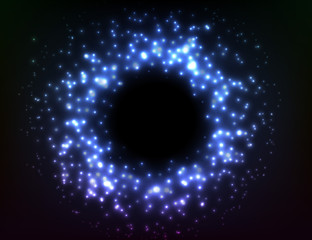 Vector circle lights. Many sparkle particles composition.  Shiny glowing circle with space for text.