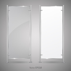 3d Advertising Vertical Stand glass And Blank White Banner. Vector  Illustration. Mock-up Template For Designers. 