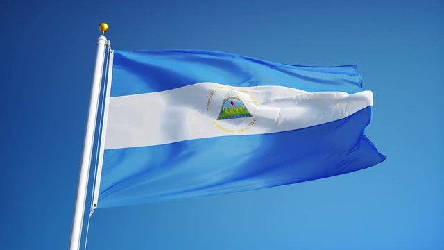 Nicaragua flag waving in slow motion against clean blue sky, seamlessly looped, close up, isolated on alpha channel with black and white luminance matte, perfect for film, news, digital composition