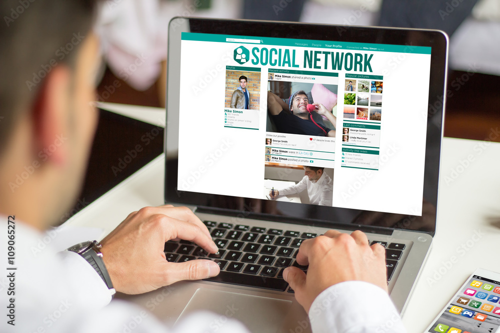 Poster businessman working with computer. social network on screen.