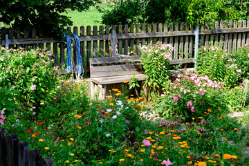 Allgäuer Bauerngarten bei Eglofstal im Sommer, romantischer Winkel am Gartenzaun