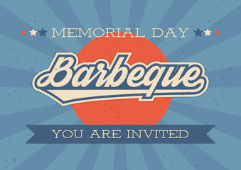 Memorial Day background. Vector illustration with text and ribbon for retro posters, flyers, decoration. White text with long shadows. Barbeque invitation.