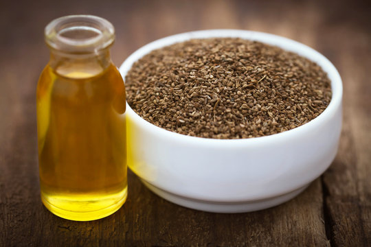 Ajwain seeds in a bowl with essential oil