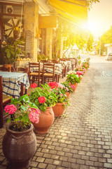 Fototapeta na wymiar Beautiful greek cafe terrace in Heraklion, Crete