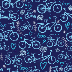 Pattern two bicycle-drawn line, sketch color vector. Romance, flowers, heart, elements