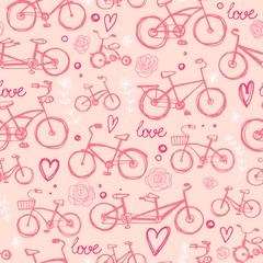 Fototapeta premium Pattern of different bikes, sketch. Children's bicycle, tandem. sketch vector