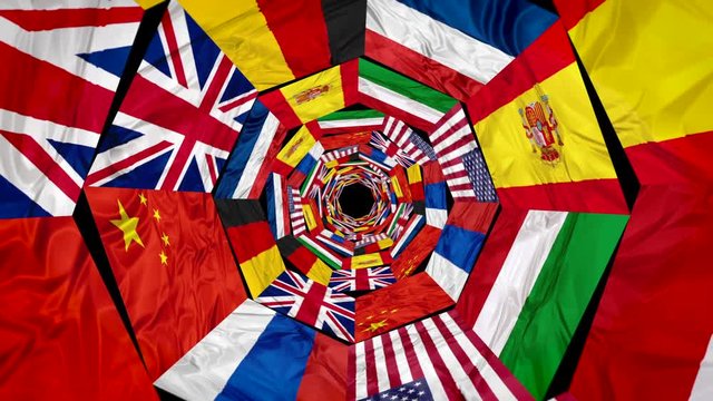 Flags of world united contries in whirlpool 3d effect. England Russia Italy  Spain  Germany US China and France