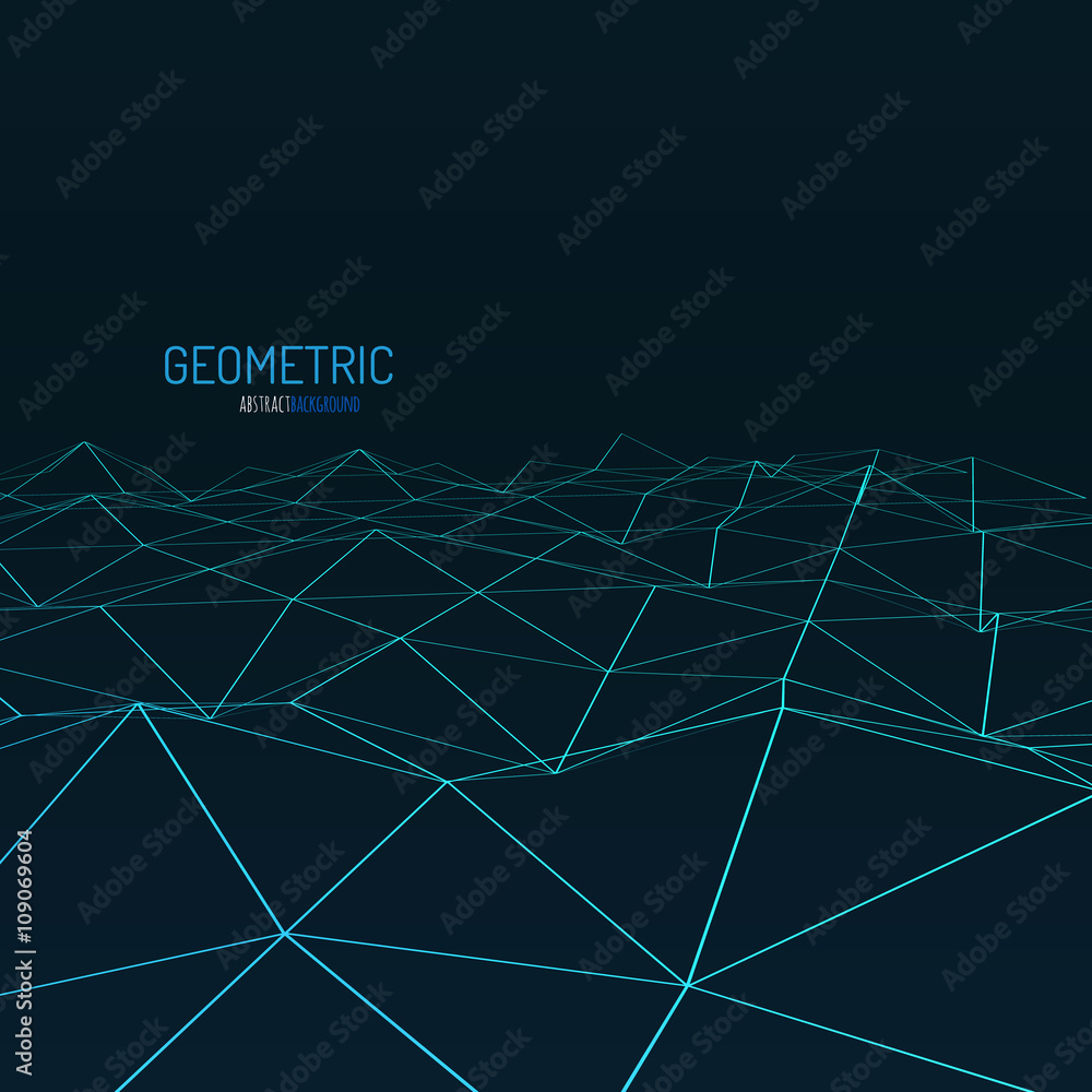 Poster Technology vector background. Wireframe polygonal landscape. Mountains with connected lines.