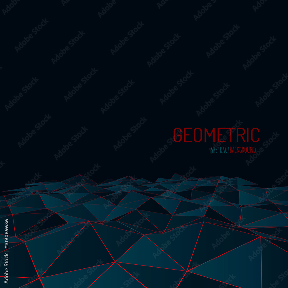 Poster Technology vector background. Wireframe polygonal landscape. Mountains with connected lines.