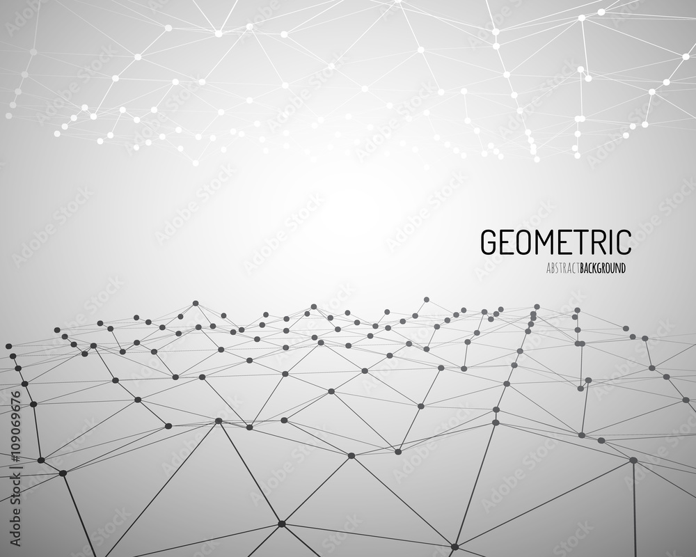 Poster Technology vector background. Wireframe polygonal landscape. Mountains with connected lines and dots.