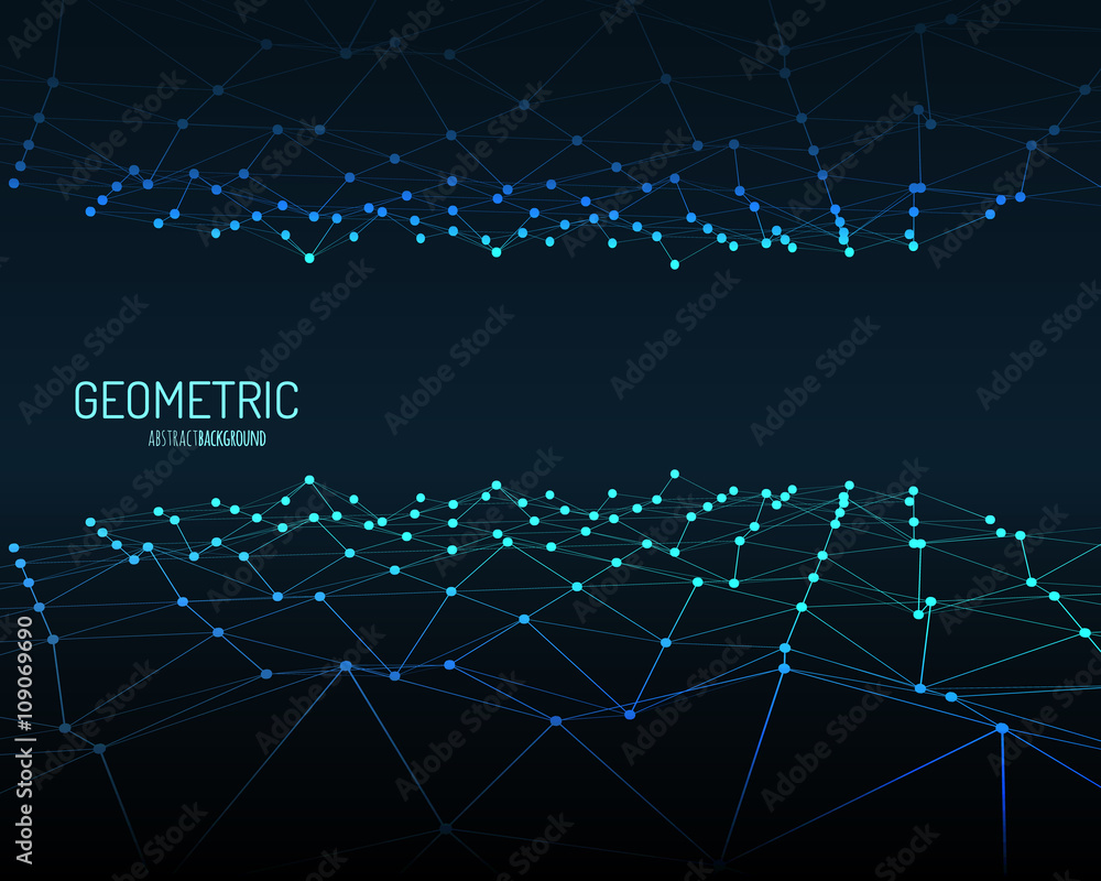 Poster Technology vector background. Wireframe polygonal landscape. Mountains with connected lines and dots.