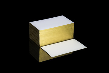 Business cards with golden paint edges Mock up. Blank white template.