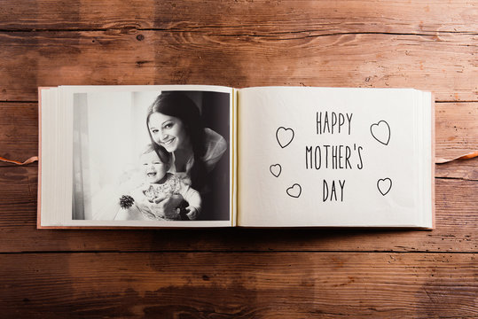 Mothers day composition. Photo album, black-and-white picture. W