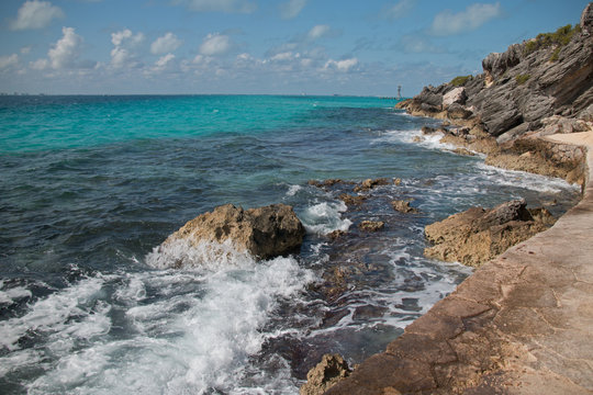 Isla Mujeres (island of the women) - Looking west across the Caribbean toward Cancun at Punta Sur (south point) also called Acantilado del Amanecer (Cliffs of the Dawn)