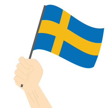 Hand holding and raising the national flag of Sweden