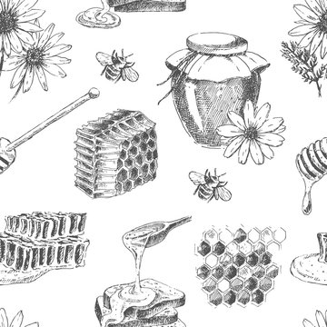 vector honey seamless pattern. hand drawn jar, spoon, stick, cells, camomile. ink sketch of organic nature products