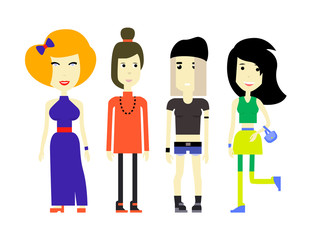 Flat illustration of young womans in various outfits