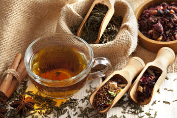 Cup of tea and mix of assorted tea leaves