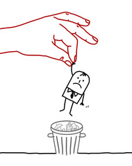 big hand and cartoon businessman - trash can