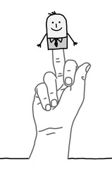 big hand and cartoon businessman - finger salute - obrazy, fototapety, plakaty