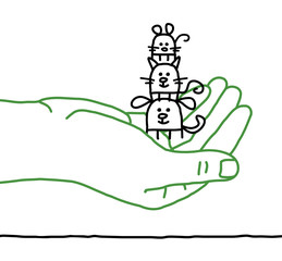 big hand and cartoon pets - protection
