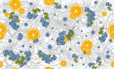 blueberries and orange pattern - obrazy, fototapety, plakaty